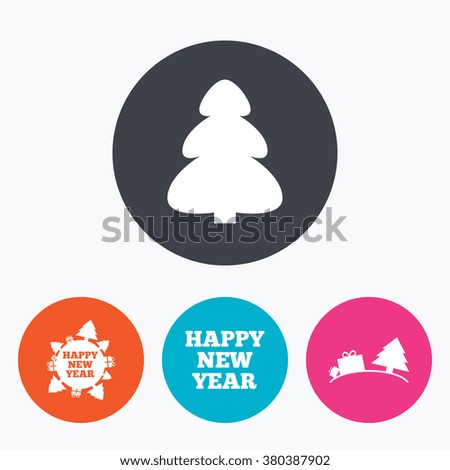 Happy new year icon. Christmas trees signs. World globe symbol. Circle flat buttons with icon.