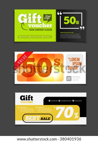 Gift voucher vector set. Sale voucher vector illustration. Store voucher with text. Shop voucher promotion. Restaurant voucher vector background. Voucher for print. Discount voucher design.