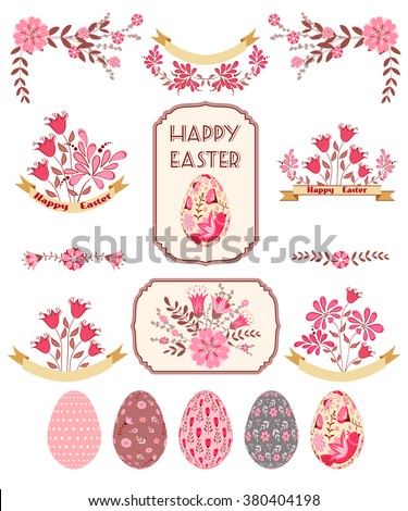 Retro design elements in bright colors. Tag with flower and eggs. Isolated on white for greeting cards, Easter, scrap booking. Vector set.