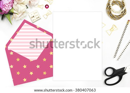 Woman desktop, template card, Mock up for your photo or text Place your work.
Peonies and gold stationery. Gold Polka. Header website or Hero website. Gold stars