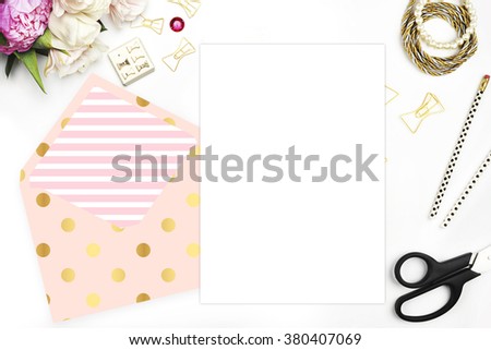 . Header website or Hero website, Table view office items, white background mock up, woman desk. Polka gold pattern and blush stripe

