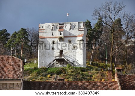 A white watchtower on hillside, - White Tower in Brasov, Kronstadt,Transylvania, Romania,2015