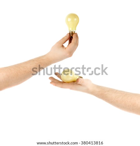 Set of caucasian male hand holding a yellow bulb, composition isolated over the white background