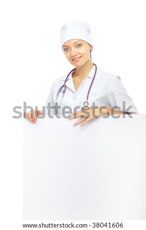 Smiling doctor with stethoscope holding blank billboard