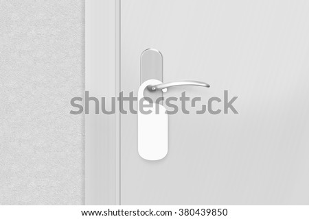 Door knob with blank doorhanger mock up. Empty white flyer mockup hang on door handle. Leaflet design on entrance doorknob. Dont disturb sign. Hotel room clear hanger. Do not disturbing signal. 