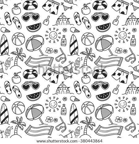 set of summer themed seamless background in doodle style