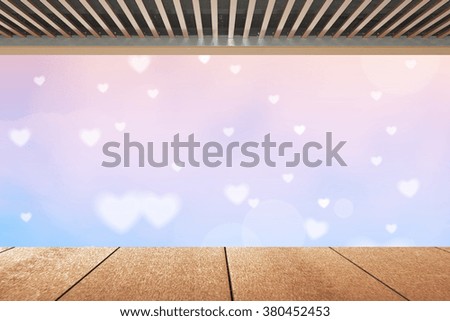 Wood planks floor and the valentines day background , abstract and soft hearts for valentines day Background,bright sun light background