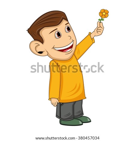 A boy carrying flowers cartoon vector illustration