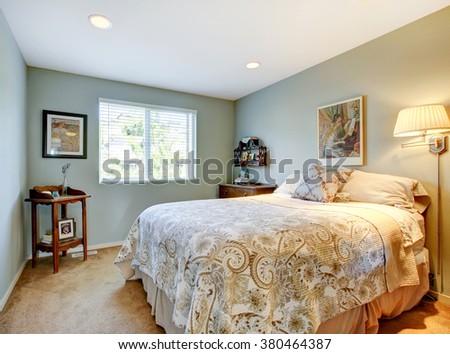 Perfect bedroom with blue walls and decorative bedding.