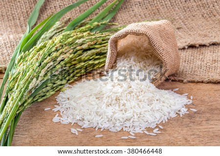 Jasmine rice in sack Royalty-Free Stock Photo #380466448
