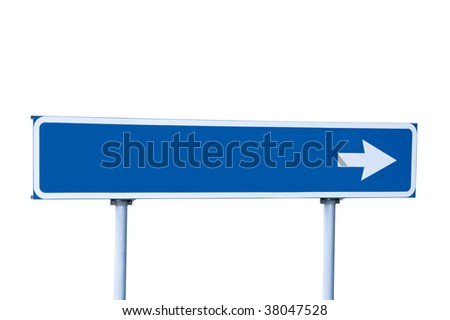 Blue Empty Road Name Arrow Sign, Isolated, Large Detailed Roadside Signage, Blank Copy Space Background