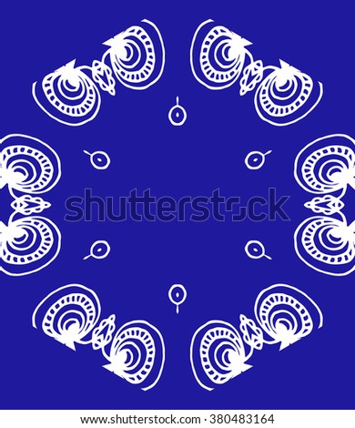 Hexagon mandala pattern. Tribal freehand hexagon mandala print. Ethnic hexagon mandala print for t-shirt. Free hand drawing hexagon mandala vector motif. Blue indigo and white hexagon mandala 