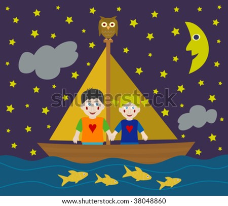 Kids sailing adventure into the night (vector)