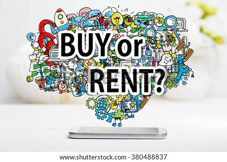 Buy or Rent concept with smartphone on white table