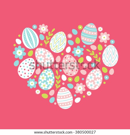 Easter greeting card with big heart. Set of eggs, flowers and branches. Perfect for season greetings and spring holidays. Vector illustration