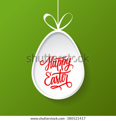 Happy Easter greeting card with egg and handwritten wishes on green background. Holiday lettering. Vector illustration.