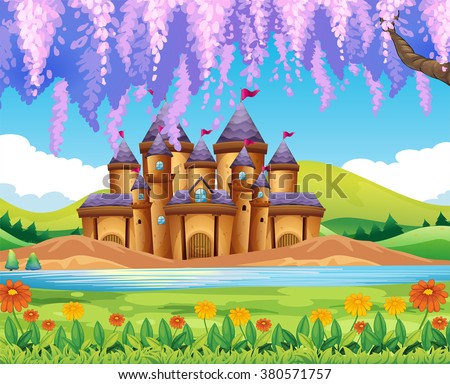 Castle building by the lake illustration
