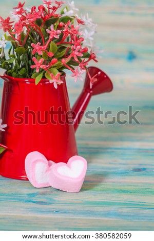 Heart shape with red watering can.Still life of love 
concept.