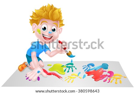 A cartoon boy messily painting with a paintbrush