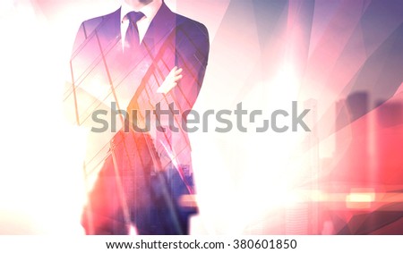 Concept businessman wearing modern suit with his arms crossed. Double exposure. Horizontal, visual effects, flares. Skyscraper background