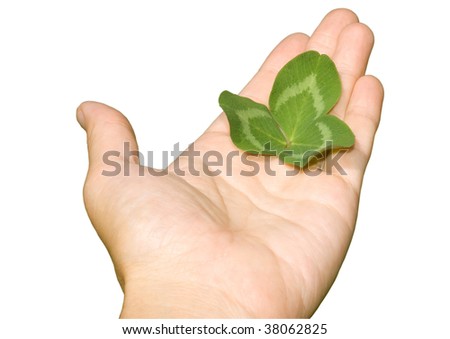 hand with green sheet on white background