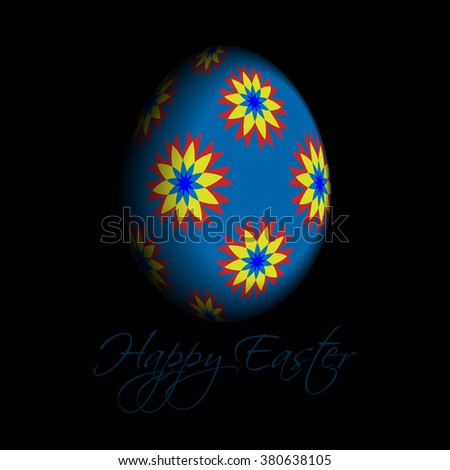 floral Easter egg greeting card on a black background with text - blue, red and yellow