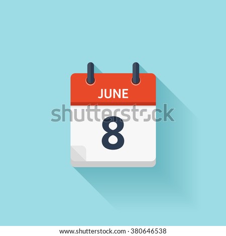 June 8 .Calendar icon.Vector illustration,flat style.Date,day of month:Sunday,Monday,Tuesday,Wednesday,Thursday,Friday,Saturday.Weekend,red letter day.Calendar for 2017 year.Holidays in June.