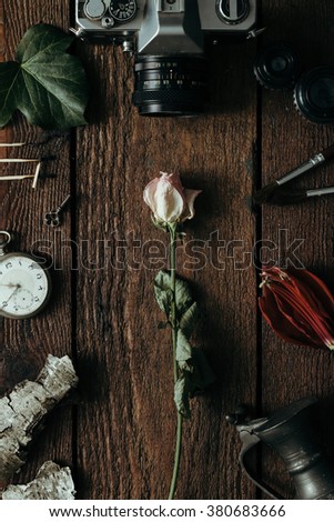 Dry white rose flower on vintage wooden desk. Flat lay
