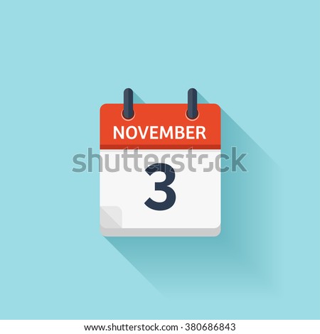 November  3. Calendar icon.Vector illustration,flat style.Date,day of month:Sunday,Monday,Tuesday,Wednesday,Thursday,Friday,Saturday.Weekend,red letter day.Calendar for 2017 year.Holidays in November