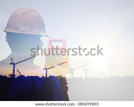 Double exposure man survey and civil engineer stand on ground working in a land building site over Blurred construction worker on construction site. examination, inspection, survey
