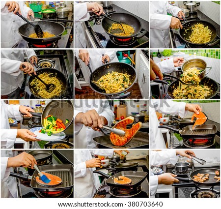 collage picture of chef cooking stir fry  spicy bamboo shoots sliced  with pork, and grilled salmon in pan