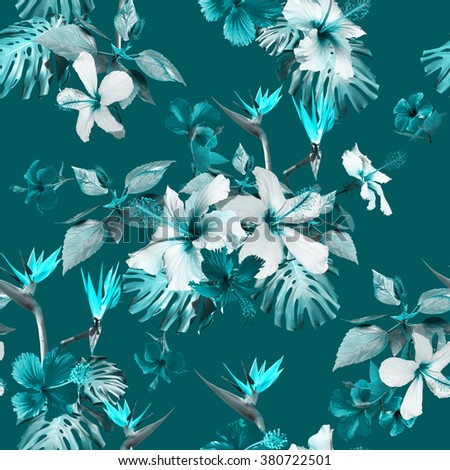Blue flowers pattern seamless. Clip art - photo collage. Beautiful artistic tropical flowers for floral design.
