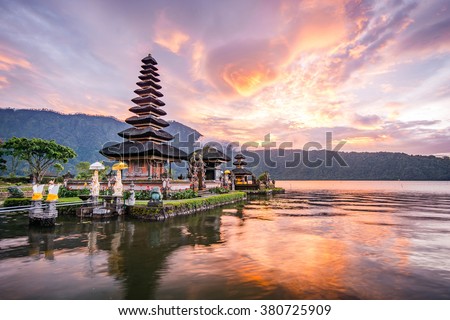 Pura Ulun Danu Bratan, Hindu temple on Bratan lake landscape, one of famous tourist attraction in Bali, Indonesia Royalty-Free Stock Photo #380725909