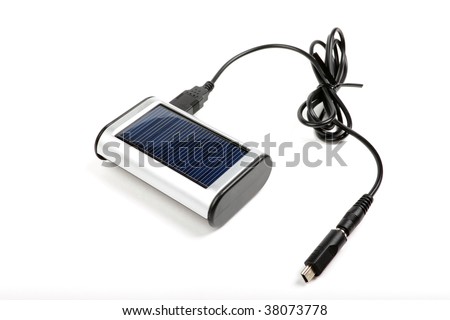 Solar battery charger for charging portable devices, mobile phones, power cells, using sun light, isolated on white background