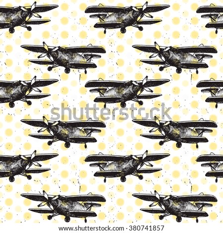 Vector Illustration of Small Plane Sketch for Design, Website, Background, Hand Drawing Airplane Transport. Travel and Vacation Ink Element Template. Seamless Pattern Wallpaper. Yellow and Black