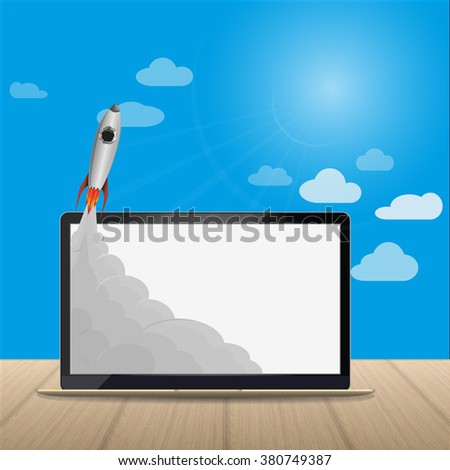 Project  start up - launch illustration. on a blue background with clouds.