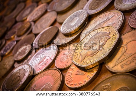 World Coins Collection Closeup Photo. Currency From Around the World.