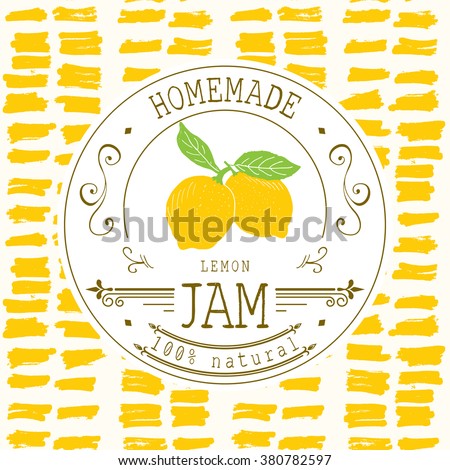 Jam label design template. for lemon dessert product with hand drawn sketched fruit and background. Doodle vector lemon illustration brand identity.