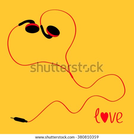 Black and red cord earphones icon. Music love card. Yellow background. Flat design. Vector illustration