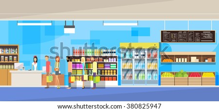 Big Shop Super Market Shopping Mall Interior People Customers Stand In Line Sales Woman Cash Desk Vector Illustration Royalty-Free Stock Photo #380825947