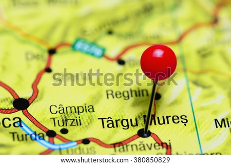 Targu Mures pinned on a map of Romania 