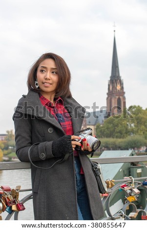 Happy Asian Girl with Camera, Travel in Europe 