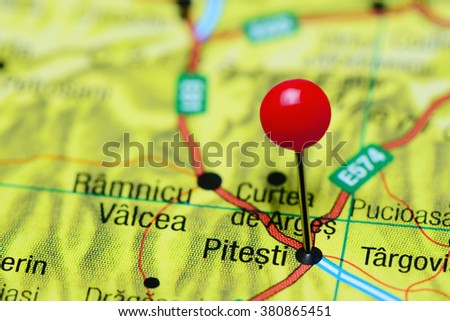 Pitesti pinned on a map of Romania  Royalty-Free Stock Photo #380865451