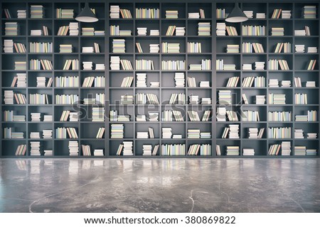 Personal library with big bookcase and concrete floor 3D Render Royalty-Free Stock Photo #380869822