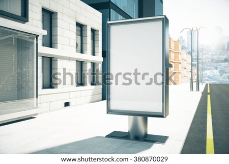 Blank billboard on sunny city street, mock up 3D Render