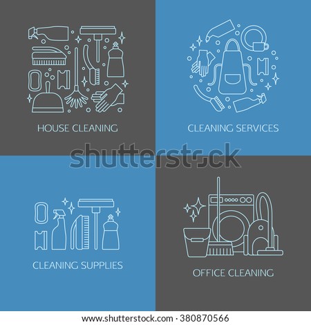 Vector trendy line cleaning icon set, emblems, logos. Vacuum cleaner, protective gloves, plunger, spray bottle,  wipe, squeegee, sponge, bucket, mop, brush, duster and many more.
