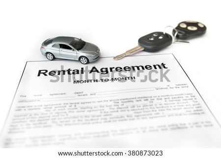 Car rental agreement with car on center. Auto rental agreement or legal document