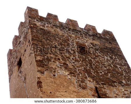 stone tower of an old fortress - angle shot, isolated on white       