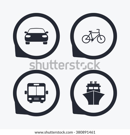 Transport icons. Car, Bicycle, Public bus and Ship signs. Shipping delivery symbol. Family vehicle sign. Flat icon pointers.