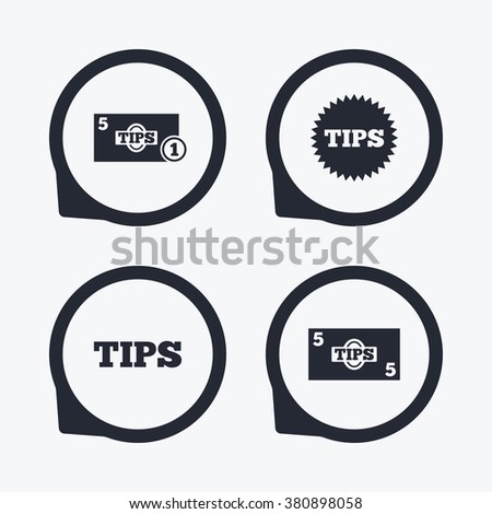 Tips icons. Cash with coin money symbol. Star sign. Flat icon pointers.